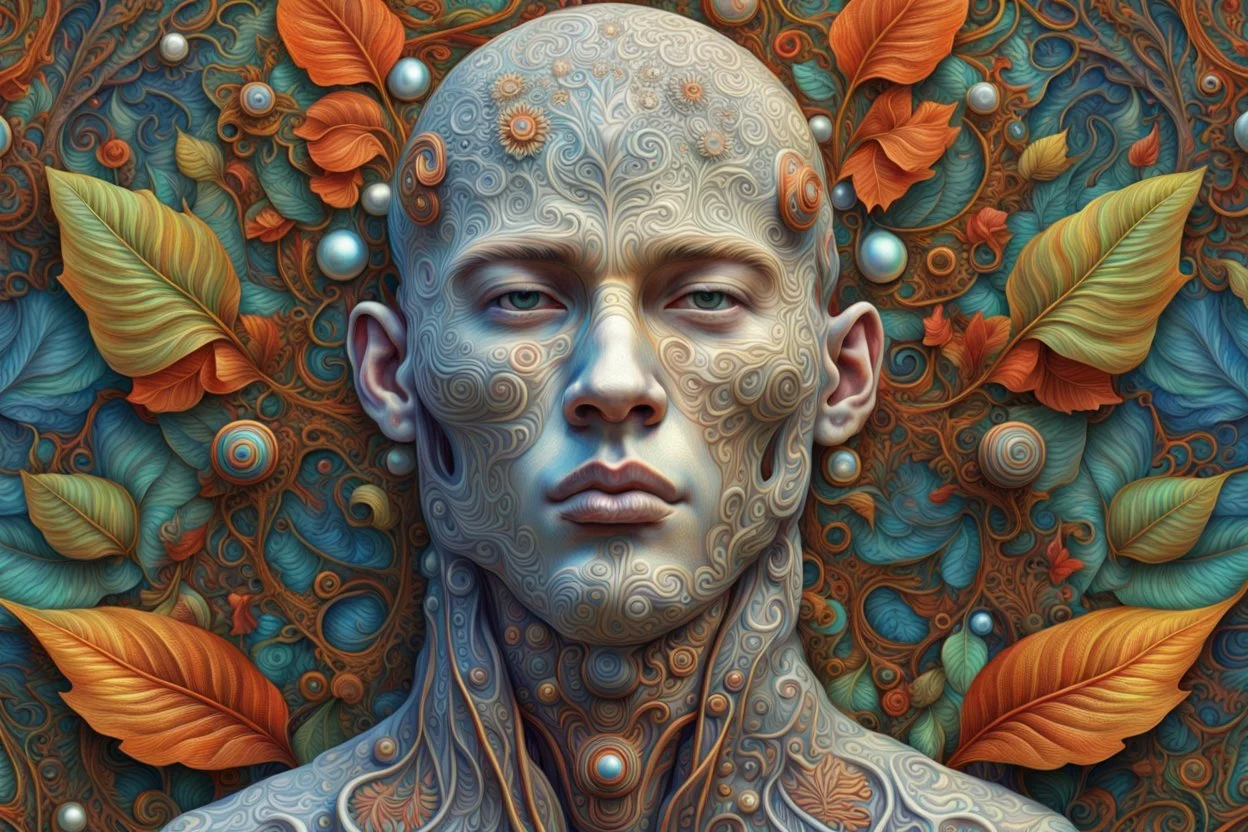 DeepDream-generated image depicting …Complex 3d render ultra detailed of a handsome male porcelain profile face, biomechanical cyborg, analog, 150 mm lens, beautiful natural soft rim light, big leaves and stems, roots, fine foliage lace, colorful details, massai warrior, alexander mcqueen high fashion haute couture, pearl earring, art nouveau fashion embroidered, steampunk, intricate details, mesh wire, mandelbrot fractal, anatomical, facial muscles, cable wires, elegant, hyper realistic, ultra