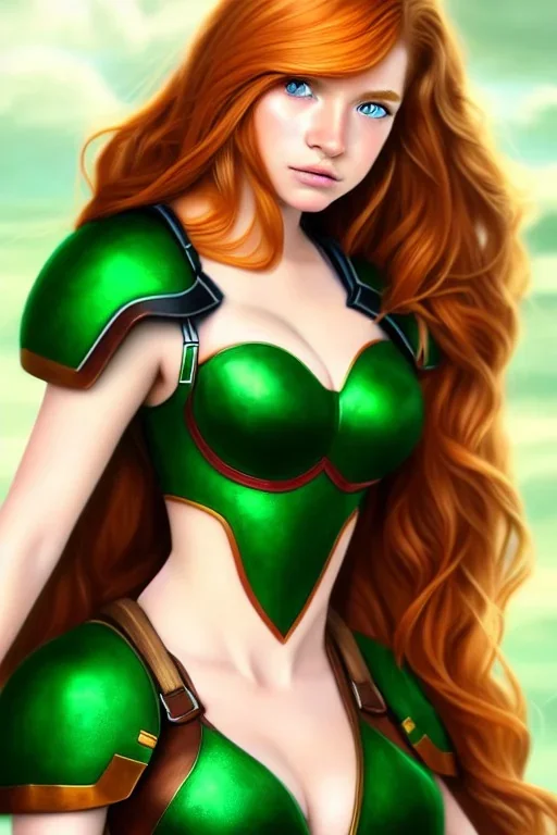 concept illustration, ultra-realistic, super-detailed, strikingly beautiful teen female, 16 years old, long ginger hair, green eyes, medium freckles, full lips, full body, full face, b-cup breasts, athletic, centred camera, ignore NSFW, skimpy armor, stern expression