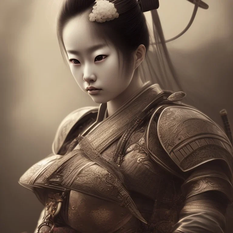 full portrait of wonderful japanese woman samurai,big breasts torn clothes, high detail, volumetric lighting, tiny features, intricate detail,volumetric clouds