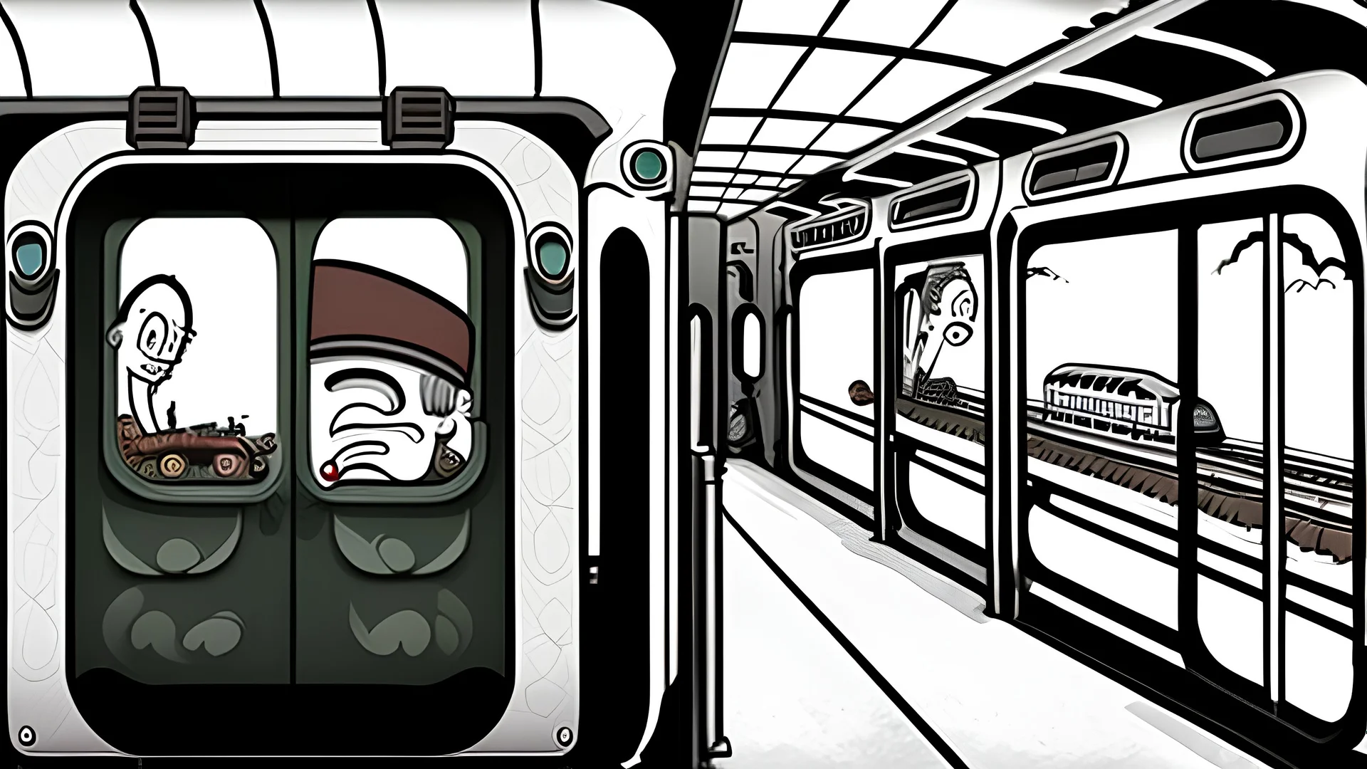 2d image, train car, interior, cartoon style, from left to right, guns gore and cannoli style, right view