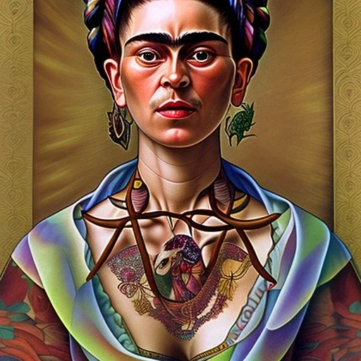 A beautiful portrait of Frida Kahlo by alphonse mucha, japanese tatoos, 4k, high details