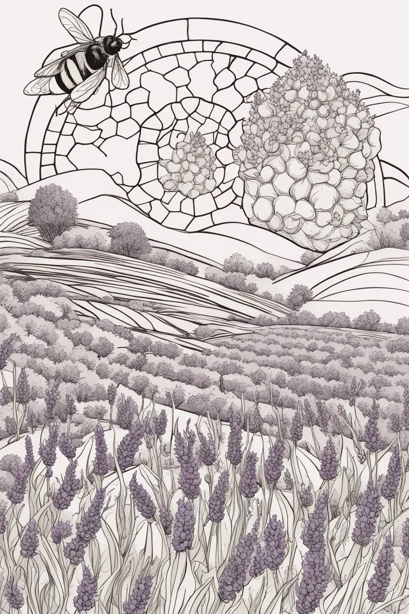 Mandala showcasing a lavender field amidst bee elements, sketched in black and white with clear, thick strokes, ideal for an adult coloring book, contour, vector, polished line art, set on a white scene