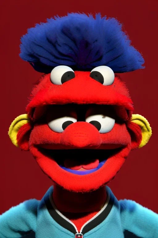 Waist up muppet Portrait, Nicolas maduro us muppet doll, Venezuelan president, black hair, tracksuit red blue and yellow, mustache, photo studio, red background, unreal engine 5, concept art, art station, ray tracing, lumen lighting, ultra detail, volumetric lighting, 3d.