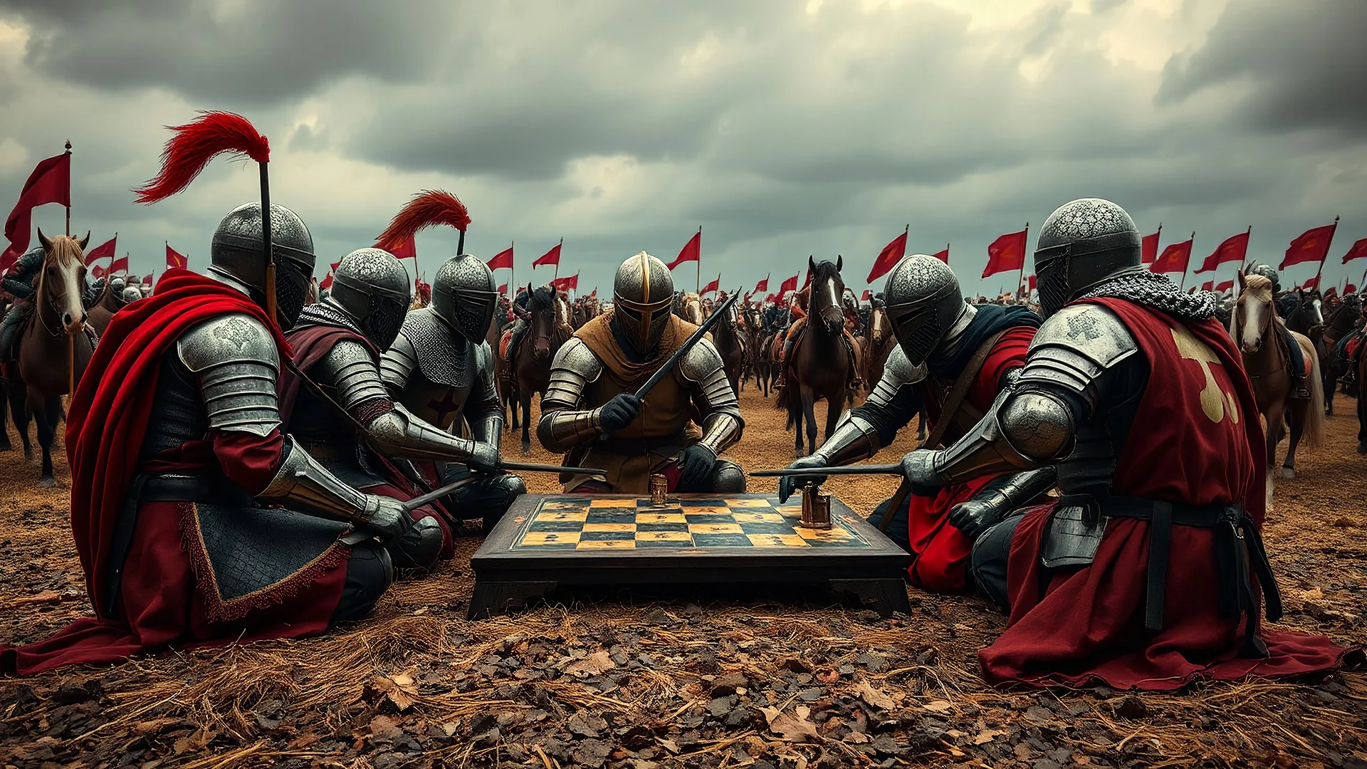 A group of medieval knights playing a board game in the middle of a battlefield, while their horses watch curiously, award-winning photograph, exquisite detail and realism