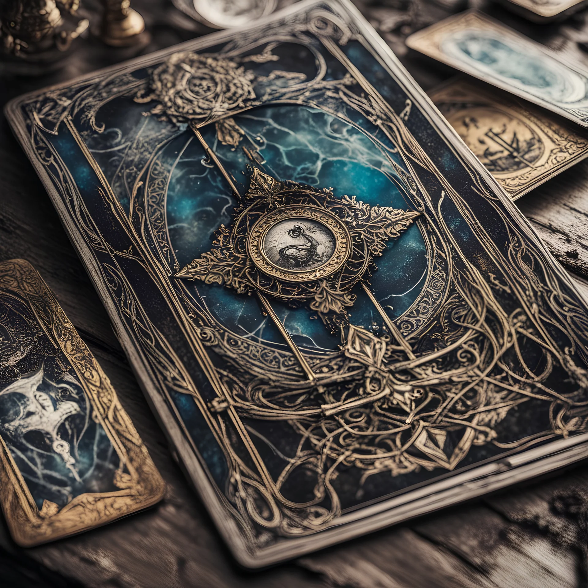 close-up high angle shot, fantasycore beautiful, Intricate hyperdetailed, enchanting The hanged tarot card set, layed on an old ripped table..
