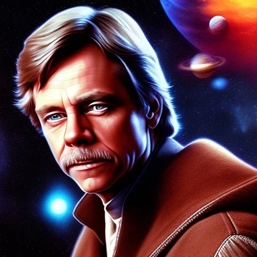 digital art portrait of (Mark Hamill as Luke Skywalker) ((dressed in plain jedi tunic)), surrounded by 100 planets, ultra-detailed, ultra quality illustration, eerie atmosphere, 8k, cinematic lighting