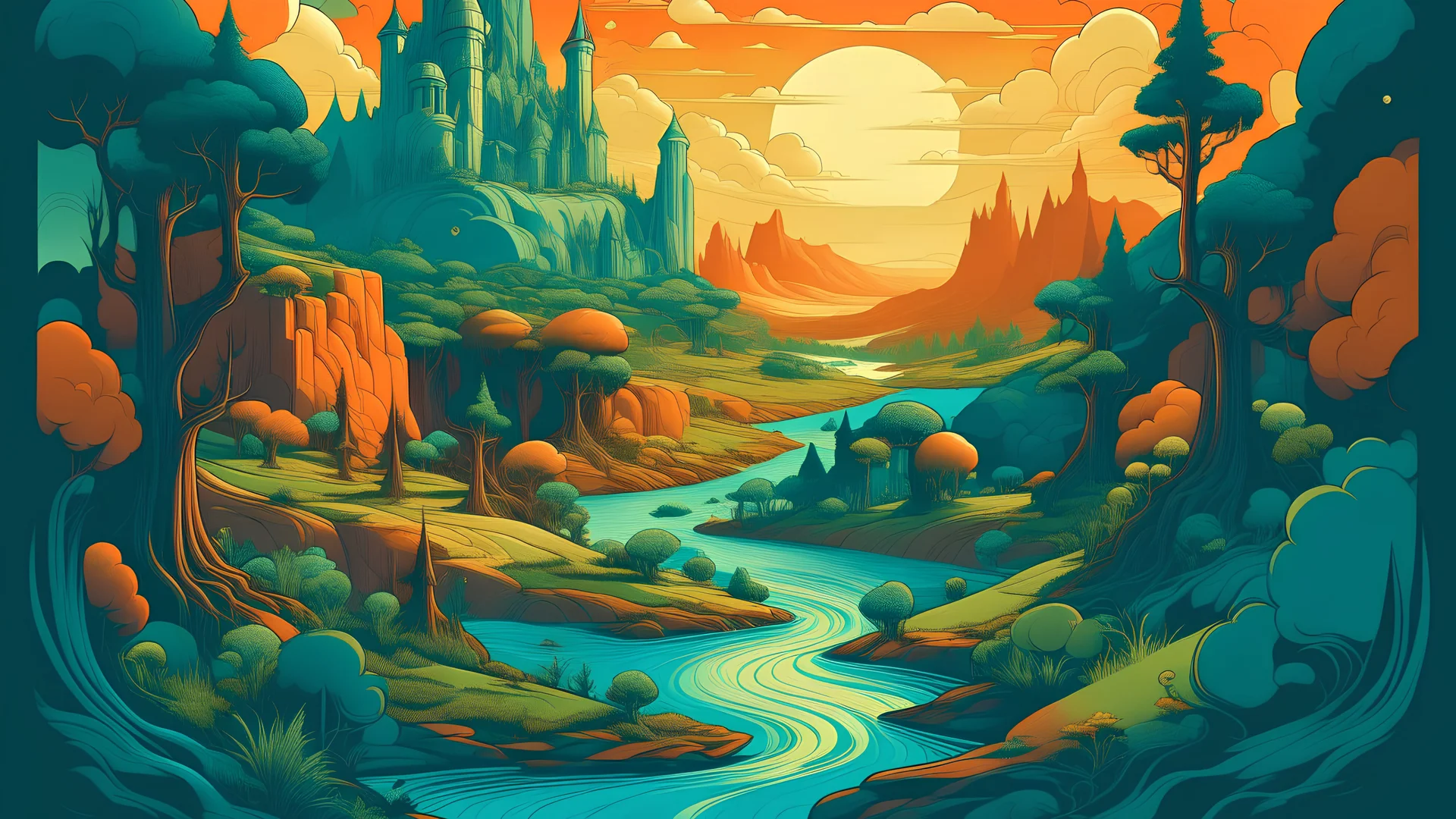 a vector graphic of a fantasy landscape