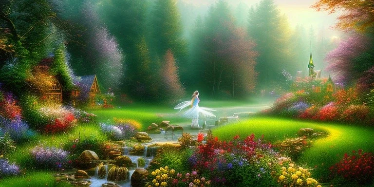 bright fairy, beautiful portrait, flowery landscape