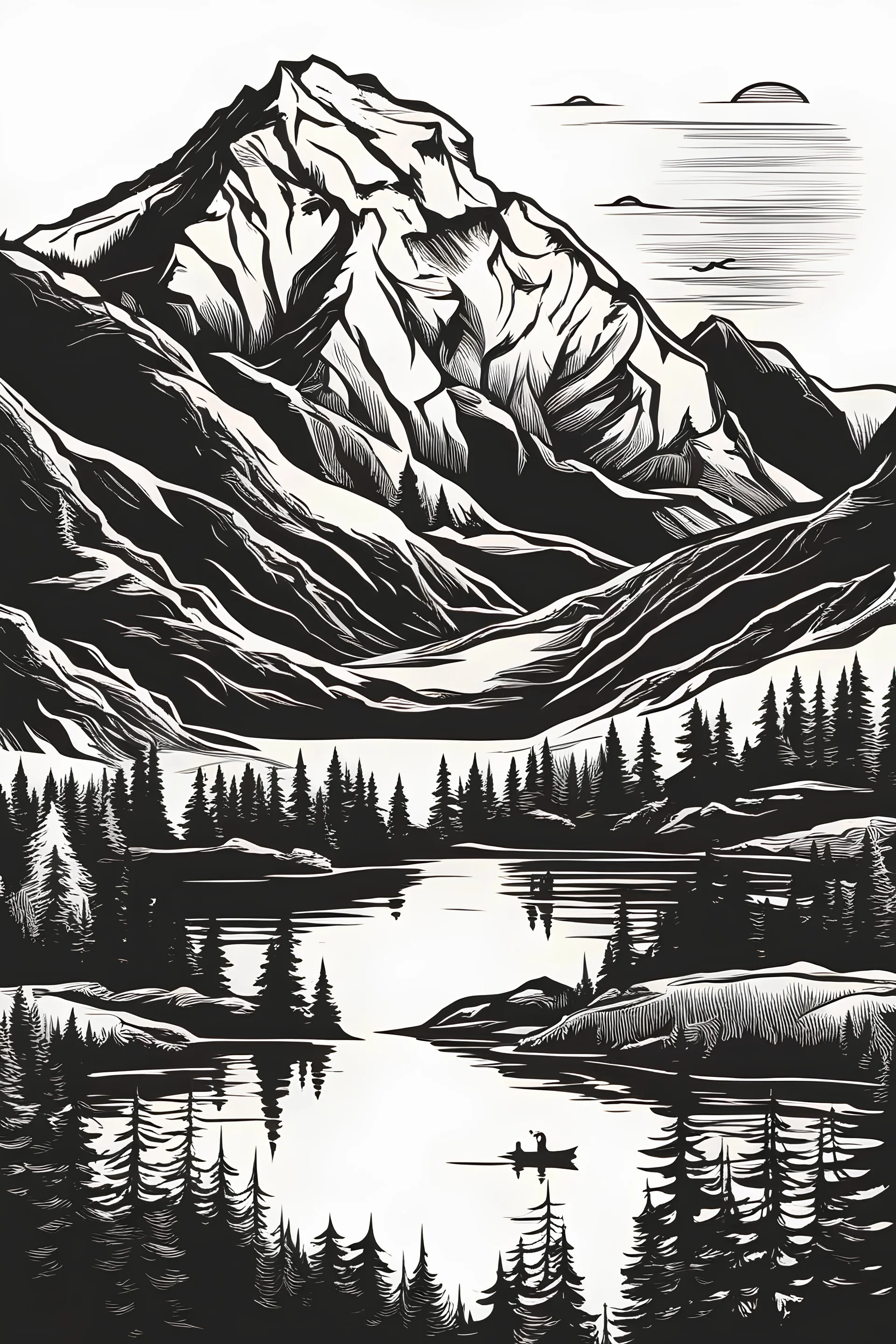 vector logo of a mountain and a lake. black and white