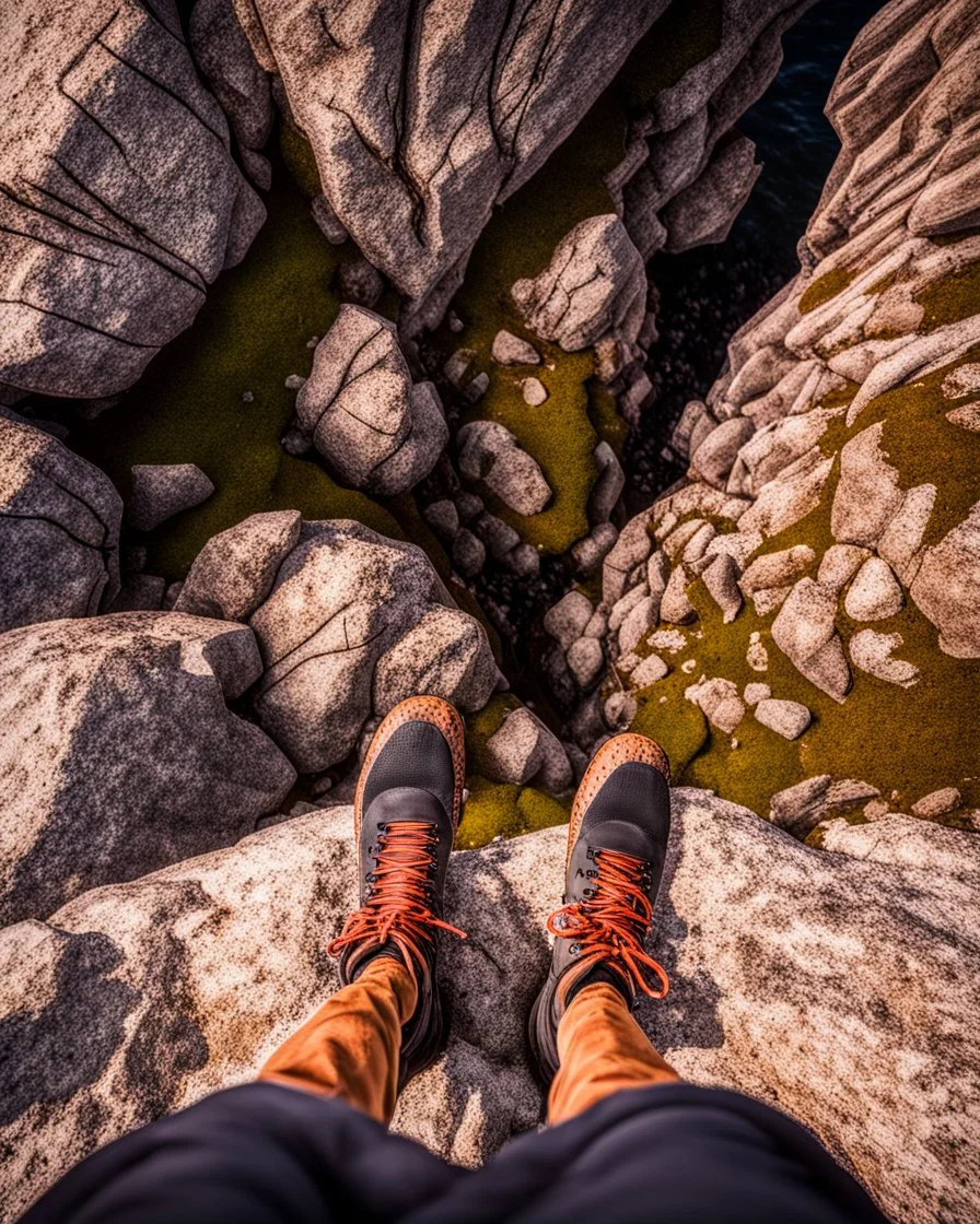 from the point of view of a rock climber, look down at the ocean rocks below as you climb high into the irish bluffs. show feet and hands