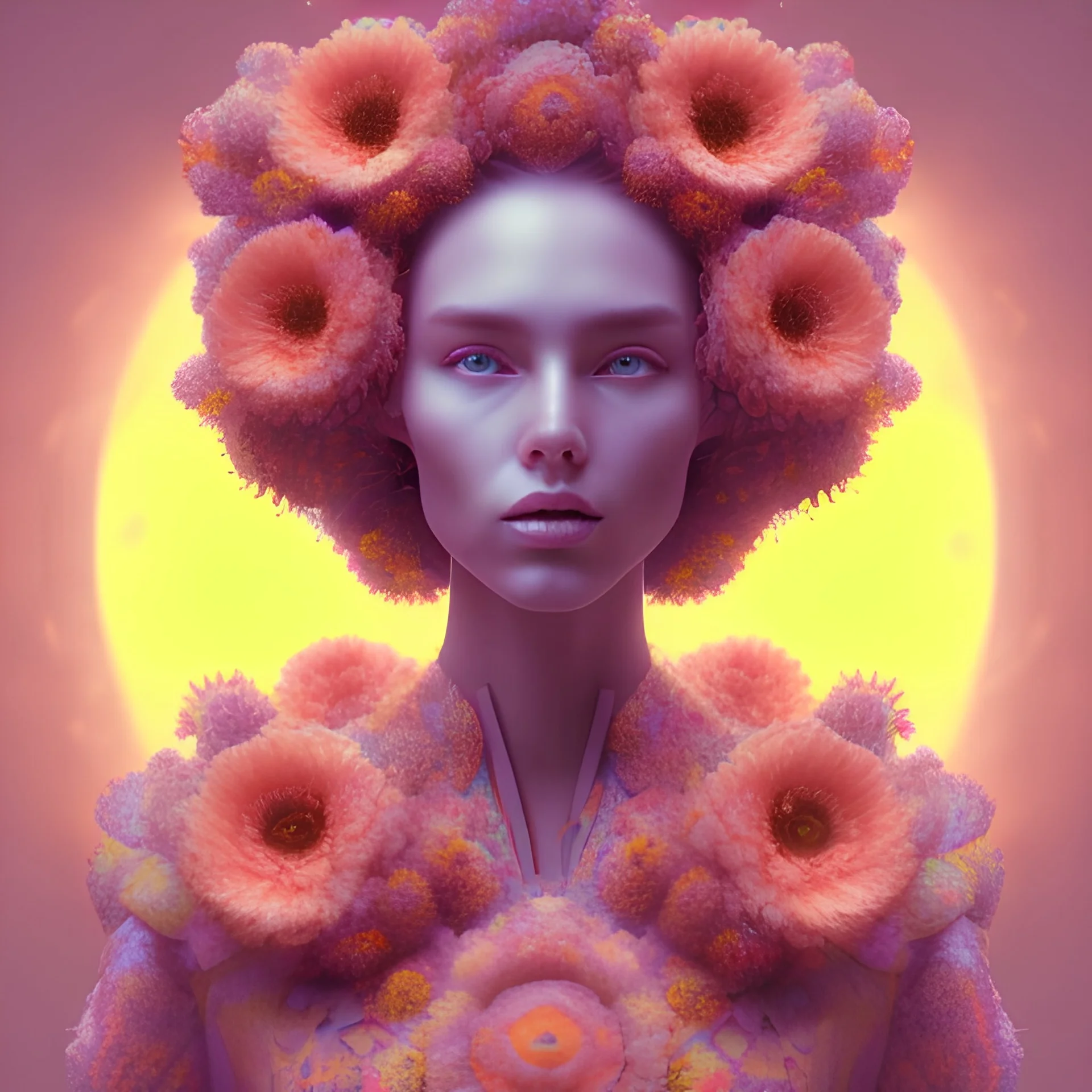 mdjrny-v4 style Beautiful portrait of a woman with psychedelic flowers an at sunset, lot's of grain and detai, flowered background, unreal engine 5, FKAA, TXAA, RTX, SSAO, Shaders, OpenGL-Shaders, GLSL-Shaders, Post Processing, Post-Production, Cell Shading, Tone Mapping, CGI, VFX, SFX, hyper maximalist, elegant, hyper realistic, super detailed, dynamic pose, photography, Hyper realistic, volumetric, photorealistic, ultra photoreal, intricate details, 8K, full color, pixelart, volumetric lightin