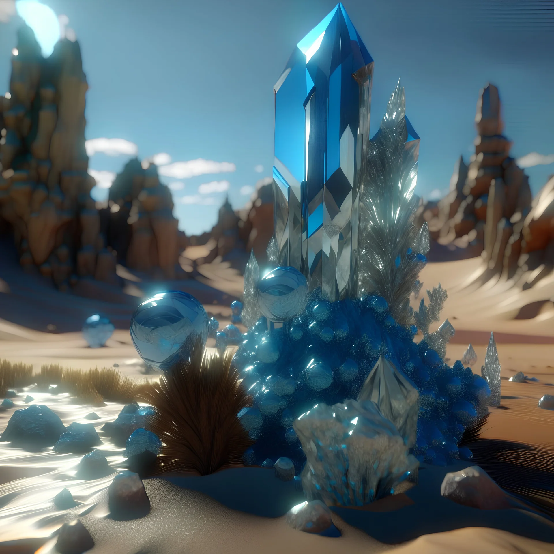 3d, crystal-like, odd objects in an odd environment, desert, masterpiece, good quality, intricate details, high quality, Yves Tanguy, best quality, 8k, in focus, sharp focus, DVD Screengrab, fantasy, sci-fi, cinematic, photorealism, octane render, frostbite, 8k, cinematic, unreal engine, bokeh, vray, houdini render, quixel megascans, arnold render, 8k uhd, raytracing, cgi, lumen reflections, cgsociety, ultra realistic, cinema4d, studio quality, highly detailed