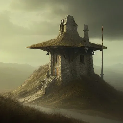 franz frazetta style, watchtower on hill, amon hen, lord of the rings, heavy clouds, dusk