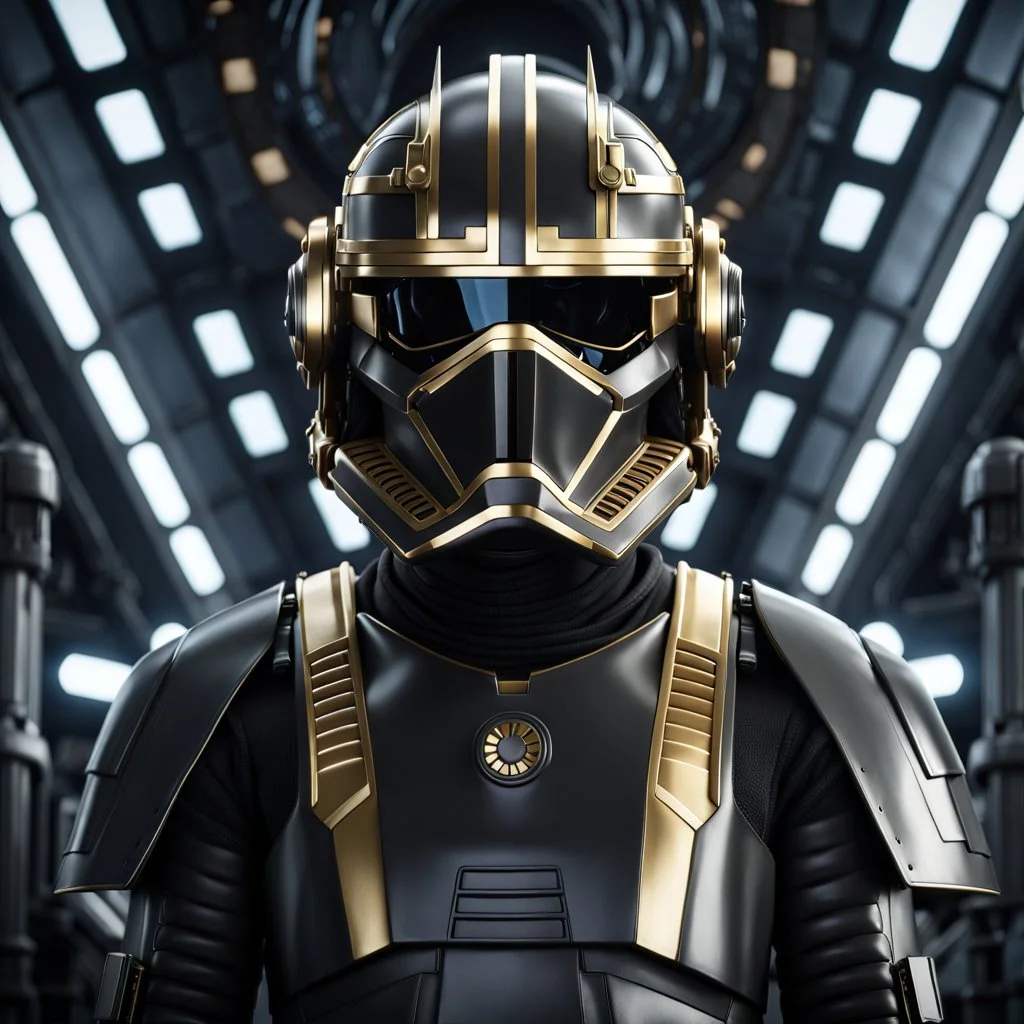 star wars bald male corellian pilot wearing pearlescent black and gunmetal grey First Order special forces heavy assault armor and helmet with gold trim inside the jedi temple, centered portrait, hyperdetailed, dynamic lighting, hyperdetailed background, 8k resolution, volumetric lighting, light skin, fully symmetric details