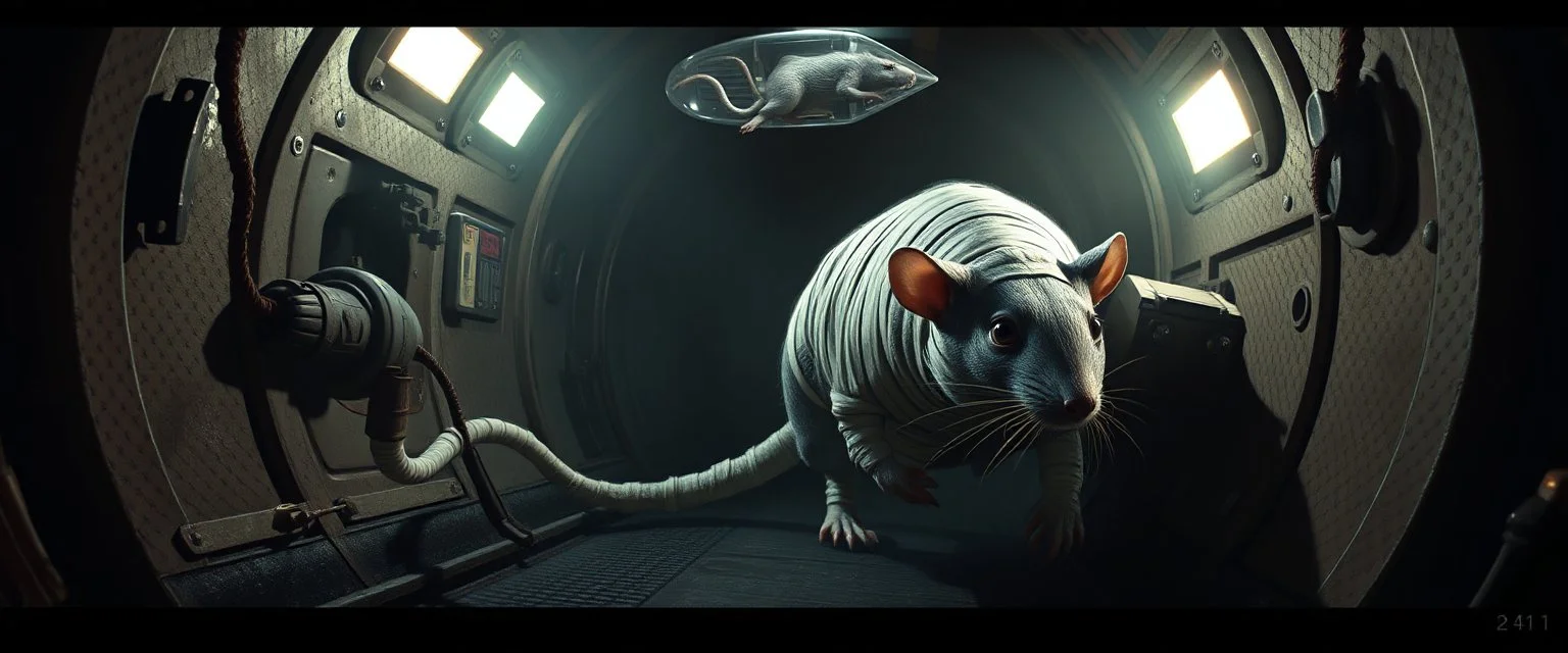 2️⃣ Boarding the Rocket "Giant mummy rat sneaks into a spaceship cargo hold, bandages trailing, alert eyes, cautious posture. Floating tools and soft industrial lights cast long shadows. A stasis pod containing another giant rat glows faintly above. Strong Rembrandt-style contrast, realistic textures, tense and stealthy mood."