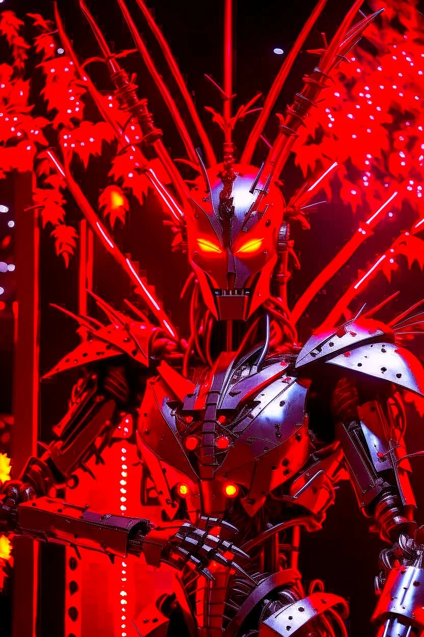 A humanoid being made entirely of sharpened metal blades and spikes with glowing red eyes stands before a mechanical tree. Photograph.