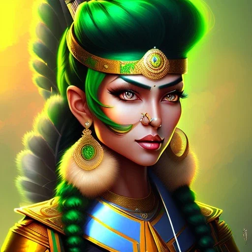 personnage de fantaisie, féminin, indienne, peau sombre, mèche de cheveux verte