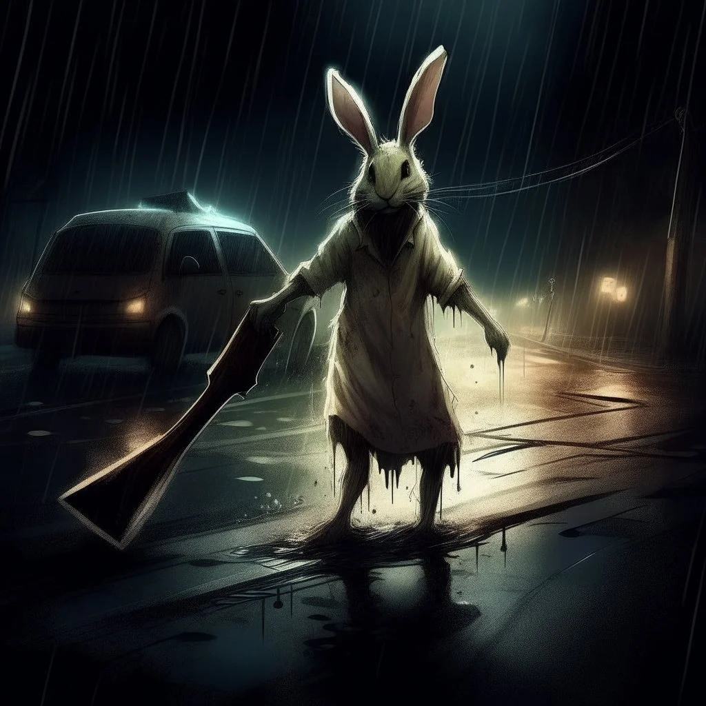 sytlish digital illustration, disheveled soaking wet woman in bunny costume with limp ears in middle of the road illuminated by headlights, dragging a axe in one hand, Dramatic, heavy rain, creepy, complex contrast, dynamic composition, scary, horror movie