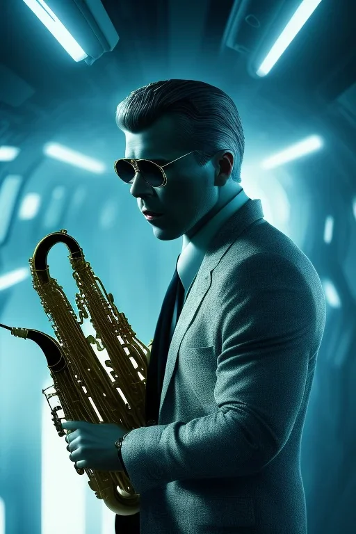 saxophone player, caucasian man, big hair, film noir setting, blade runner, volumetric lighting, particals, intricate detail,realistc, close up