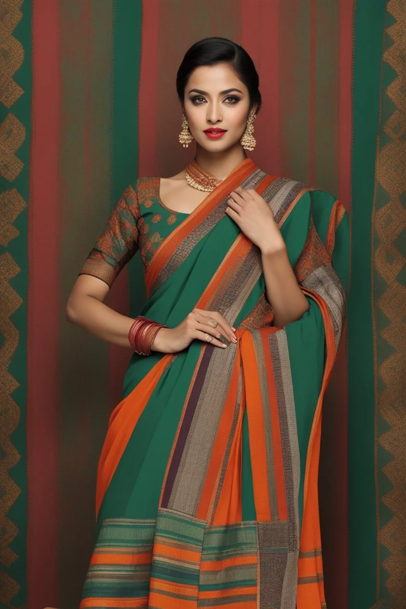 Aesthetic, 3D, Digitized, Hyper realistic, Surreal, Mesmeric, "Assamese Ethnic Tribal / Traditional Woven Women Attire" & Textile (Handloom) Industry themed Mekhela Chador (The bottom half of this distinct dress is called the 'Mekhela ', a round fit used waist downwards over a petticoat) designs, **Featured Designs:** The Teacher - A wise matriarch passing the secrets of weaving and textile arts down to the next generation. She embodies grace and knowledge. **Appearance:** Fictional female model