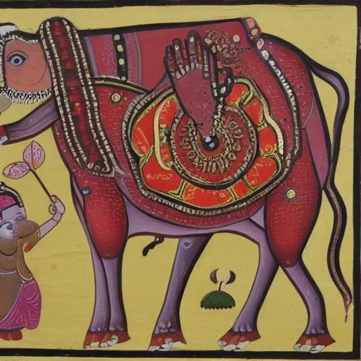 cow with hands and wings in Indian painting style