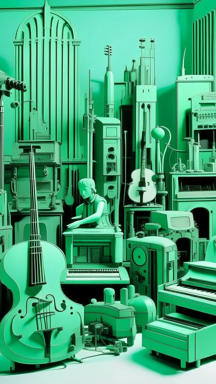 A mint color metropolis made out of instruments instruments painted by Andy Warhol