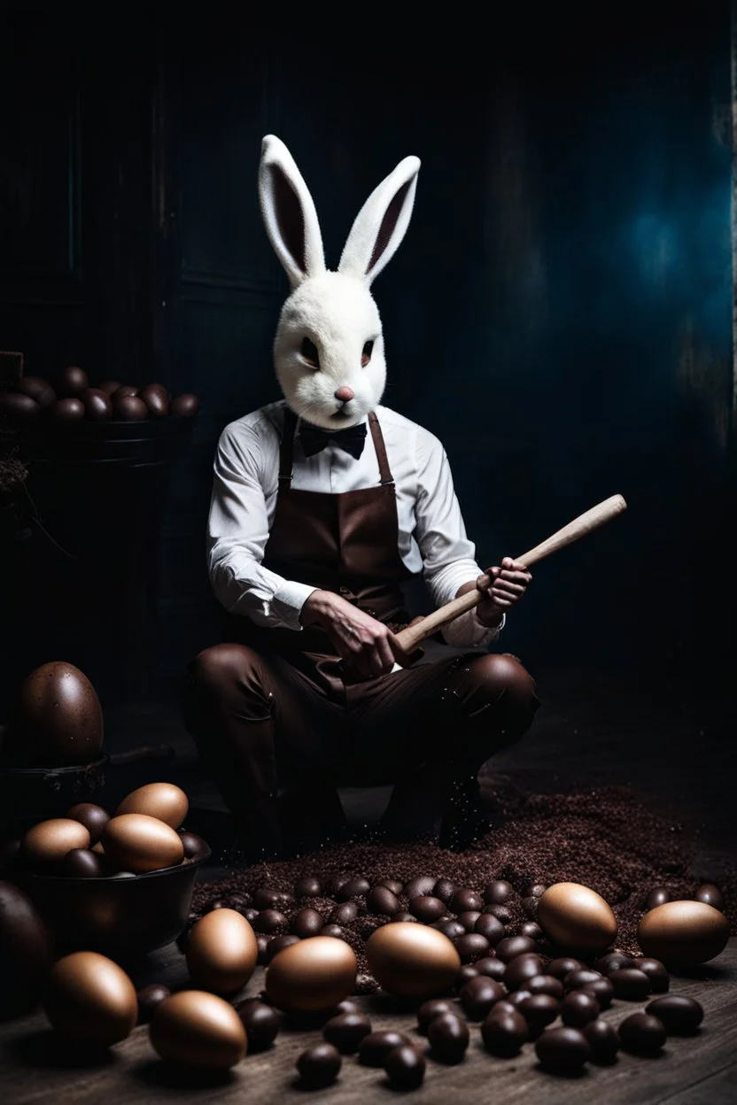 horror figure in rabbit mask sitting on the floor and shatters with a hammer many chocolate eggs, crepy, volumetric light, dark colors, surreal dark mood, cinematic