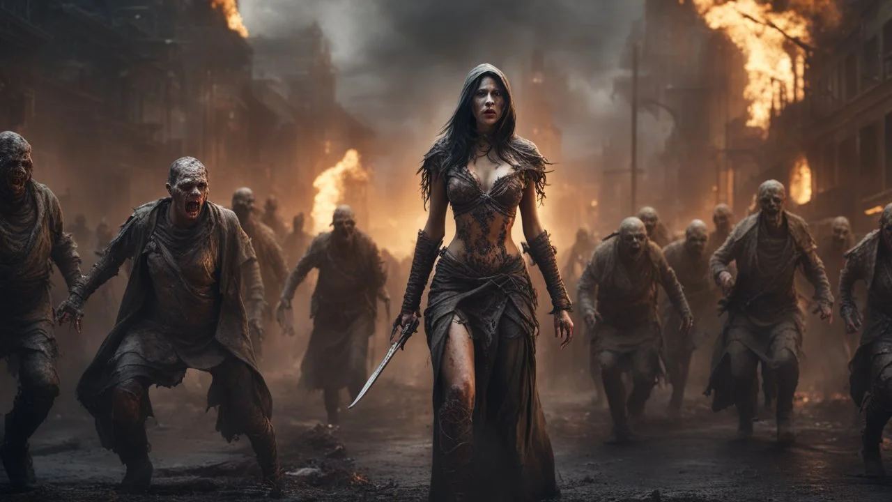 a horrifying female sorcerer leading an army of rotting zombies through burning city. fantasy setting. armor melted into the skin. blood. intense horror. blind terror. scared to death. a masterpiece, fantasy concept art, dynamic lighting, hyperdetailed, intricately detailed, deep color, Unreal Engine, volumetric lighting, Epic cinematic brilliant stunning intricate meticulously detailed dramatic atmospheric maximalist digital matte painting