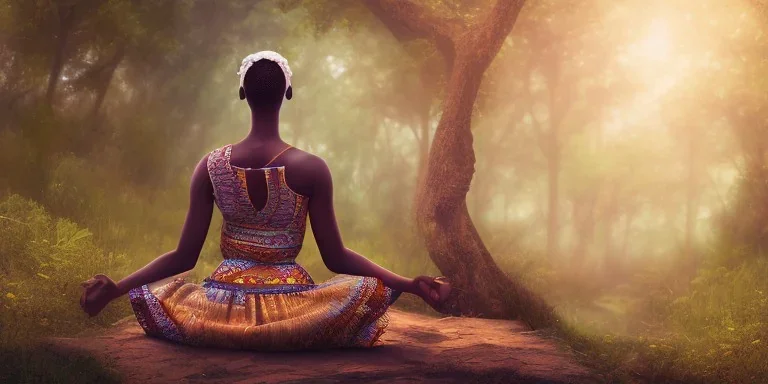 beautiful african woman, sitting in a cirle, meditating in a enchanted forest, fotorealistic, high quality, landscape