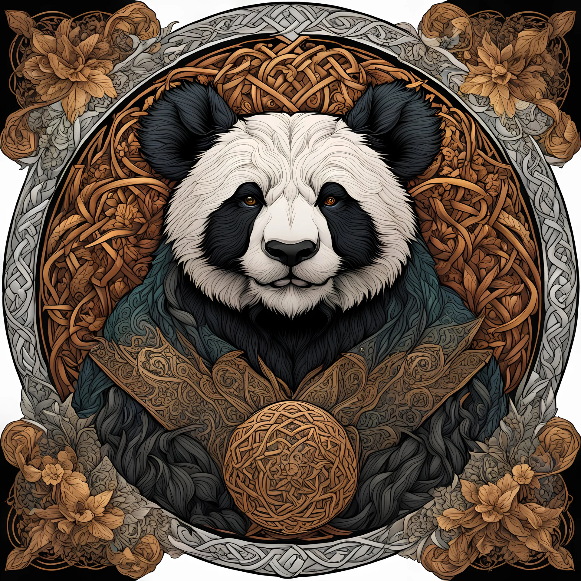 celtic panda I centered | symmetrical | key visual | intricate | highly detailed | iconic | precise lineart | vibrant and natural all round colors | comprehensive cinematic | alphonse mucha style illustration I very high resolution | sharp focus | poster | no watermarks I plain black background I image to fit within the square