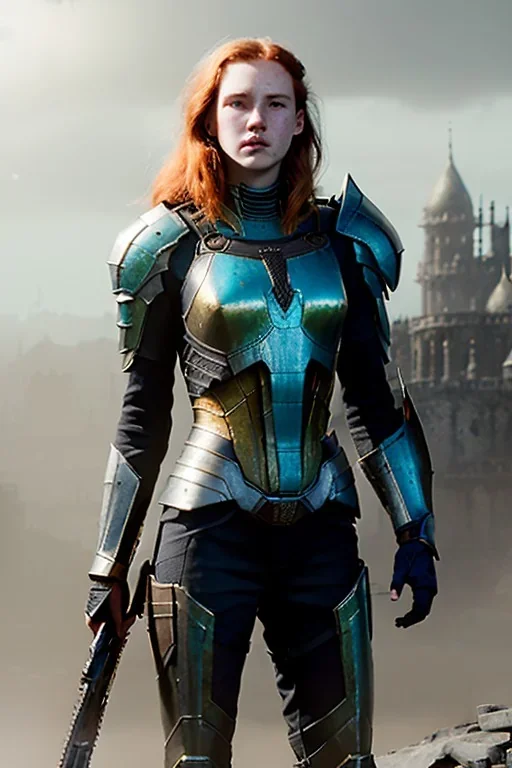 ultrarealistic, concept art, panoramic,ruined city,__intricate fantasy armor__, no star, __angles__, 18 year old woman, strikingly beautiful,ginger hair, _colour_, (pale __skincolor__ skin:1.2), __camera__, long hair, detailed face and eyes, medium breasts, sci-fi theme, freckles, dynamic pose, resolved expression, __accessory__, strappy outfit, (straps:1.1), sword in scabbard on left hip, (buckles, buttons, snaps, rings:1.0), haltertop style breastplate, detailed eyes, plump lips