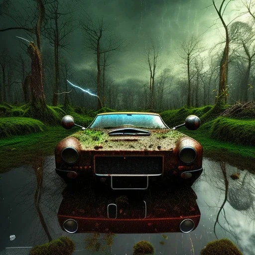 hyperrealistic shot, rusting and moss covered giant joystick, earth color palette, sharp focus, puddle reflection, water splash, refraction, bats flying, rain and lightning on the horizon, shadowcast, detailed and intricate, cinematic composition, tilt shift photography