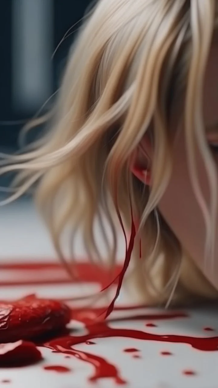 Cut blonde hair strands on white fabric with measuring tape and drops of blood.cinematic