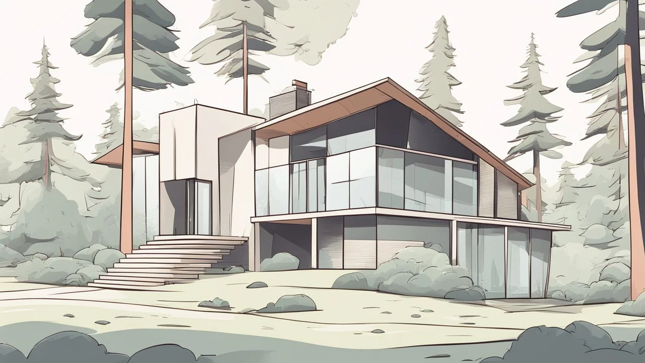 Cartoon oldschool modern architecture house in forest