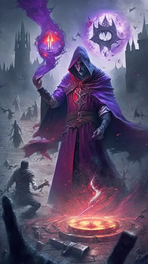 warlock in the centre casting magic, blood being sucked, medieval battlefield in the background