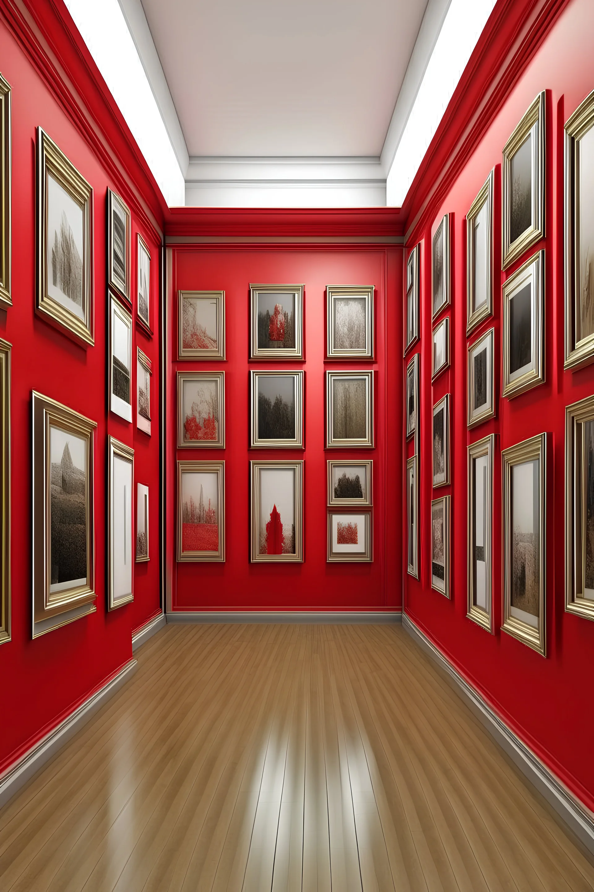 Realistic pictures, as if they were taken professionally, a frame without a picture, wrapped in a bright red cloth, in a hall containing many frames without pictures.