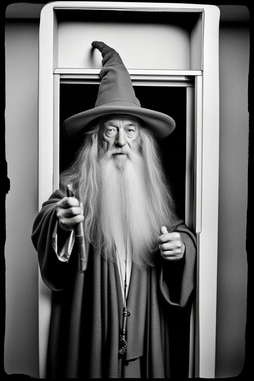 Gandalf taking serie of BW photos inside photo booth.