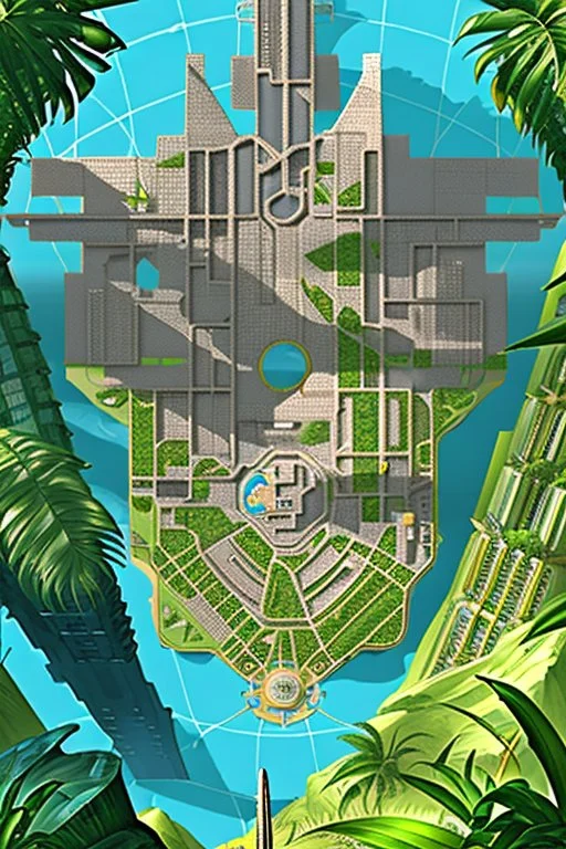 high detail map of an entire tropical dystopian capital city for a d&d game