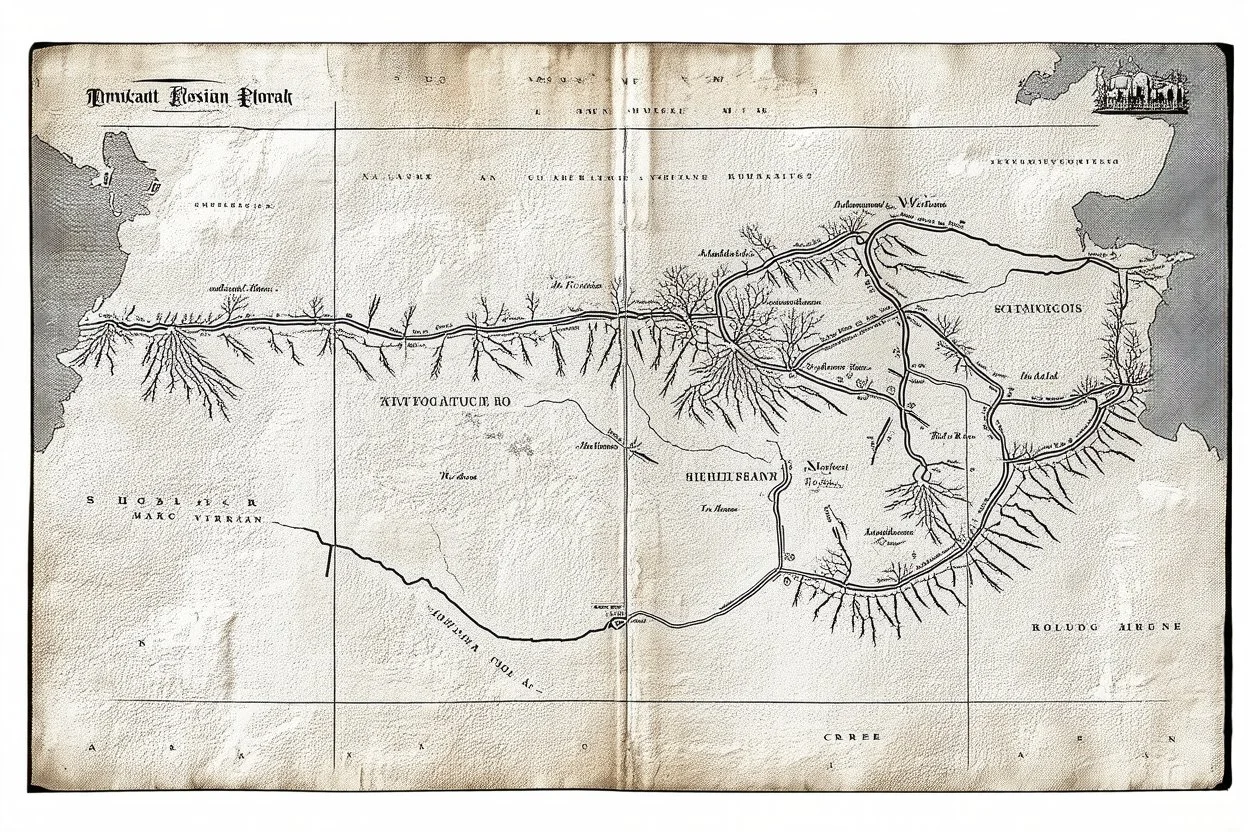 a scan of an ancient North American Cree printed road map of a fictional place that was black and white but has since been stained and weathered, uses Cree Syllabic for text