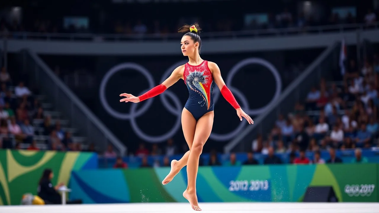 Please provide a detailed Photo of a female gymnast performing her routine on the floor exercise at the Olympic Games. Include specific elements of her performance, such as her choreography, the difficulty of her moves, her artistry, and how she engages the audience. Additionally, describe the atmosphere of the event, the reactions of the crowd, and any notable aspects of her presentation. The output should be structured in a way that captures the excitement and technical skill of the performanc
