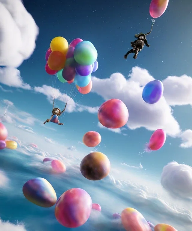 Ultra realistic speed clouds sky scene, wide angle view, child falling down with many Children background, inflatable monsters, circus dress style, feather color, free jumping flying, many trinkets, hair monster, many jelly beans, balls, color smoke, smile, happy, extreme, wind, clouds sea, 20,000 feet altitude, stratosphere, soft color, highly detailed, unreal engine 5, ray tracing, RTX, lumen lighting, ultra detail, volumetric lighting, 3d, finely drawn, high definition.