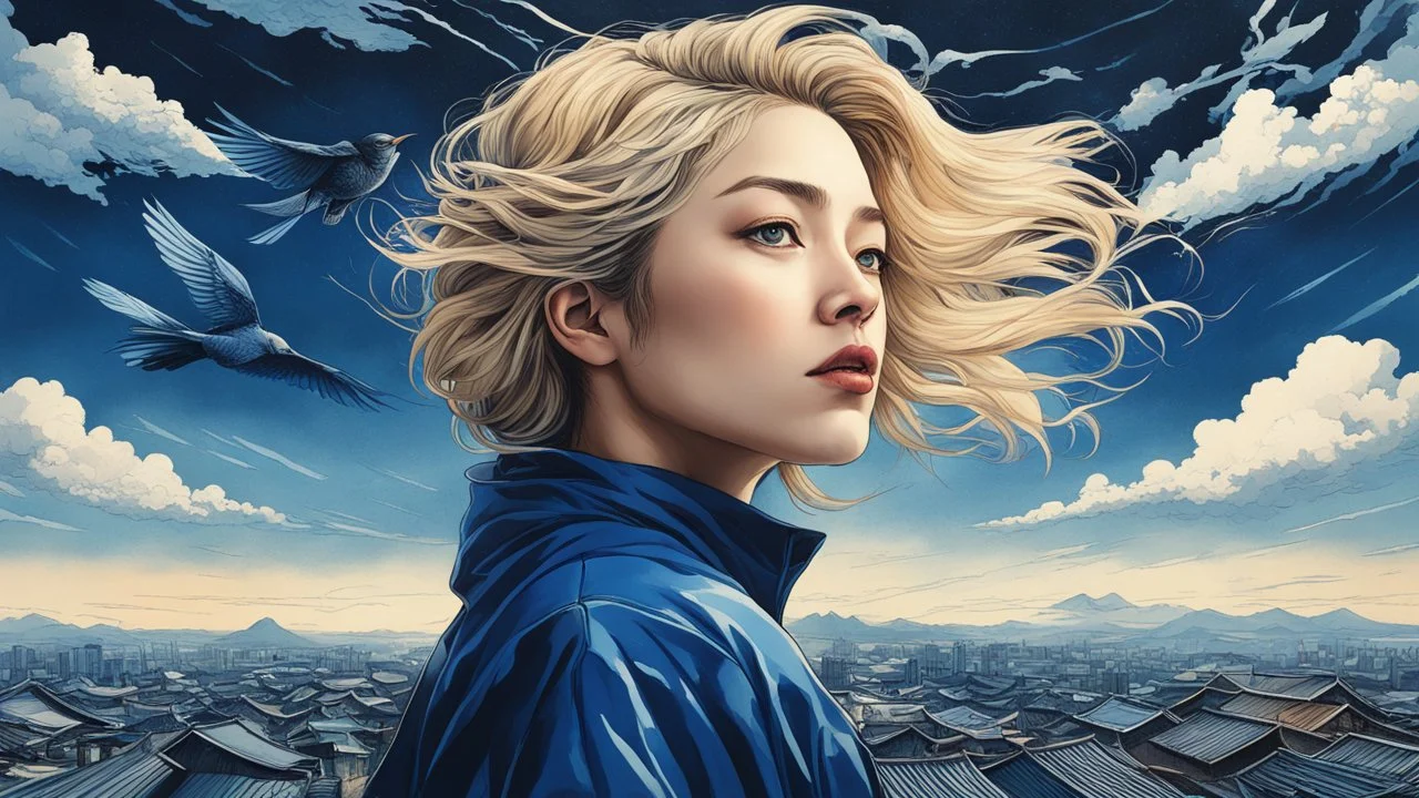 Thoughts fly into the sky above the roof, bird, Beautiful portrait painted by Katsushika Hokusai, beautiful blonde woman in cyberpunk style, symmetry, hyper-detailed, illustration of dark blue tones, photorealism, 3d, 64k, high resolution, hyperrealism, f/16, 1/300 With.