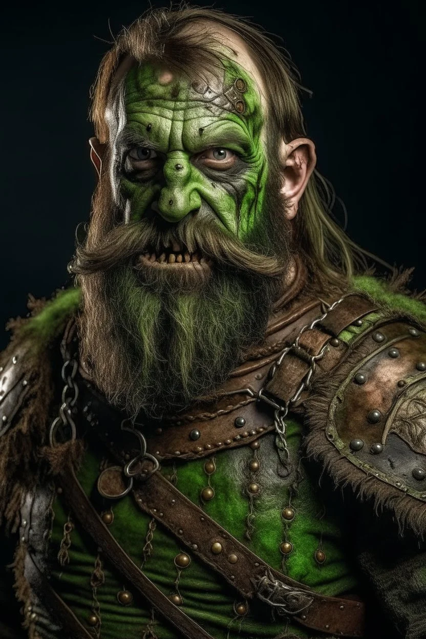 a green zombie with a beard and scars, in medieval armour