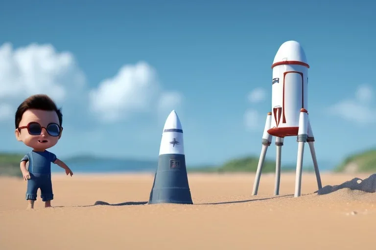 Toddler Elon Musk using sand to build a tall skinny space rocket That looks like a rocket on the beach, Blue shovel, plastic bucket, sunglass