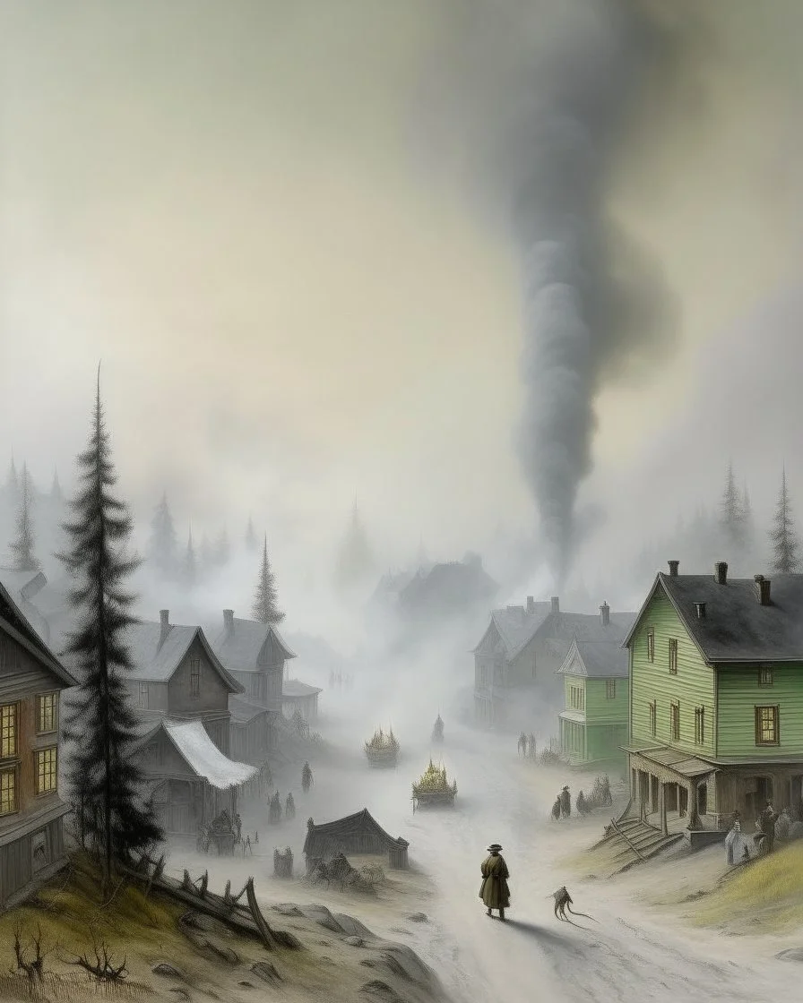 A silver colored western town covered in smoke designed in Scandinavian folk art painted by Birge Harrison