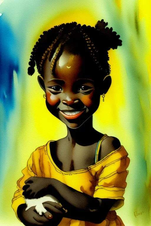 A cute smiling african girl is holding a kitten. Watercolour