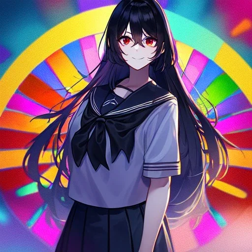 Clear focus, high resolution, black long fluffy hair, red eyes, wearing a sailor uniform, doing a evil smile, Style Vtuber, Colorful