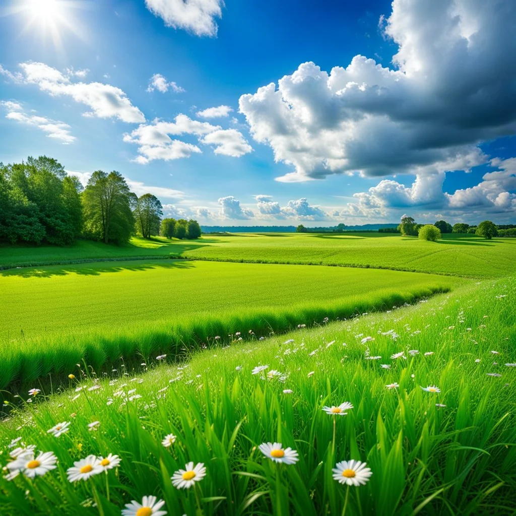 a big dance grass field in country side environment ,green field ,flowers , small river,blue sky pretty clouds ,camera looking at horison