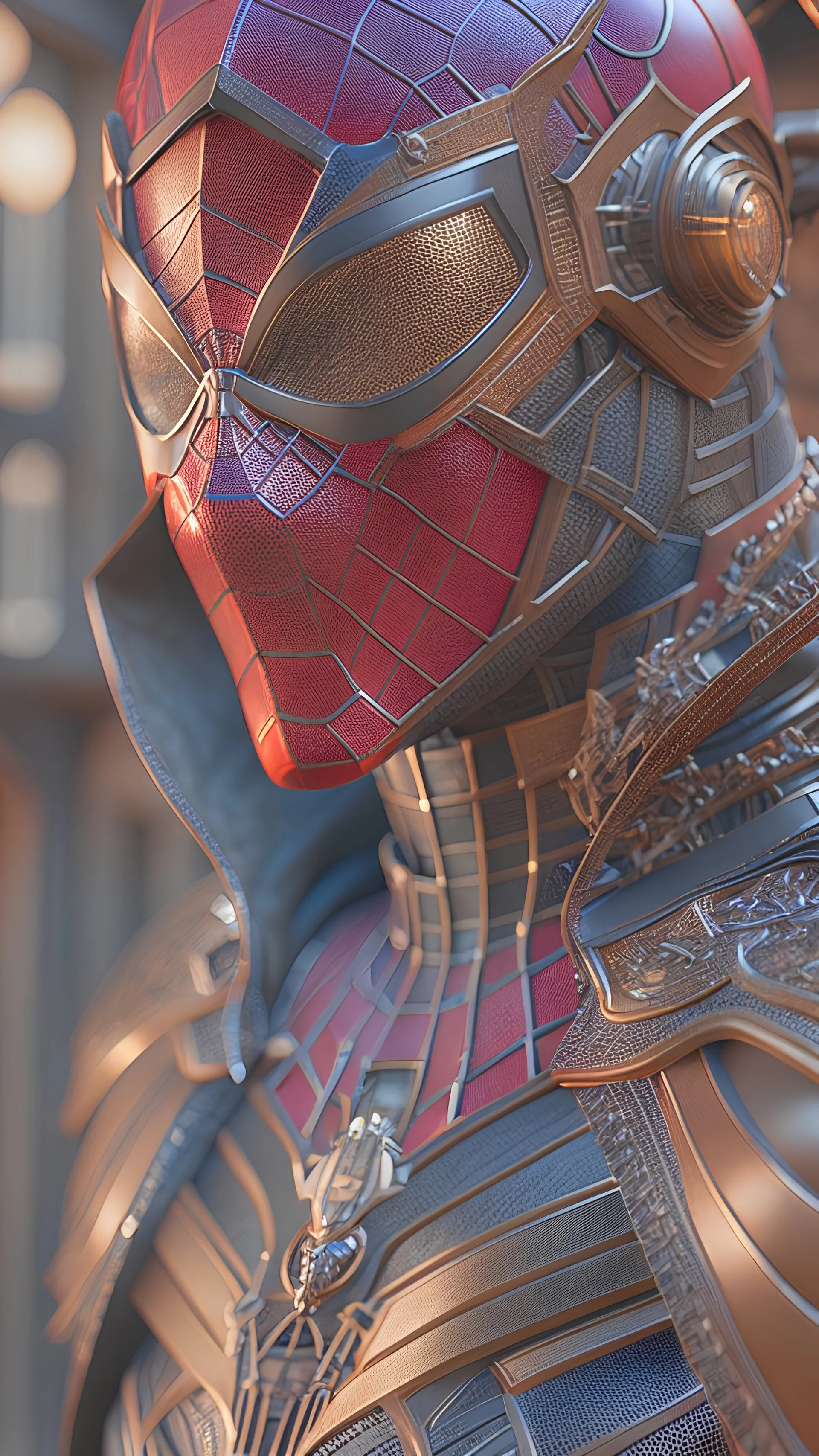Iconic Spider-Man, steampunk, noir, ultra-detailed armor, stunning portrait, dynamic shot, vivid, richly saturated colors, Full Body, cinematic atmosphere, immersive, global illumination, intricate shadows, reflections, Octane render, hyper-realistic, unparalleled detail, 8K, groundbreaking, epitome of concept art, physically-based rendering, dynamic angles, intricate textures, subsurface scattering, timeless masterpiece, AI-enhanced, GAN, ray-tracing, depth-of-field, neural network, ultra-HD