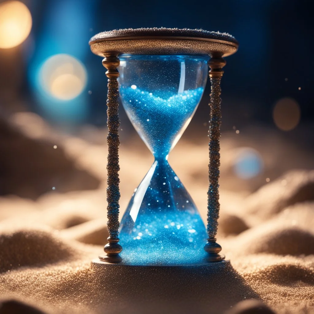 pic close up of a luminous blue crystal hourglass, glittering sand, cool front illumination only, glamurous, fantasy illustration, sharp focus, high contrast, bright vibrant colors, cinematic masterpiece, shallow depth of field, bokeh, sparks, glitter, 16k resolution, photorealistic, intricate details, dramatic natural lighting